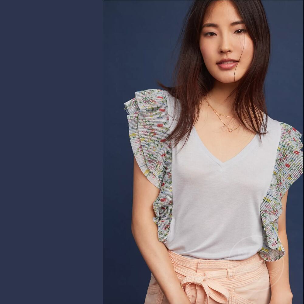 New Anthropologie Hybrid Flutter Sleeve V-Neck Top | Floral Pleated Sold Out NWT